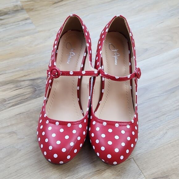 ⛱️J. Adams Red & White Polka Dot Retro Mary Jane Heels Size 8 - Picture 8 of 16